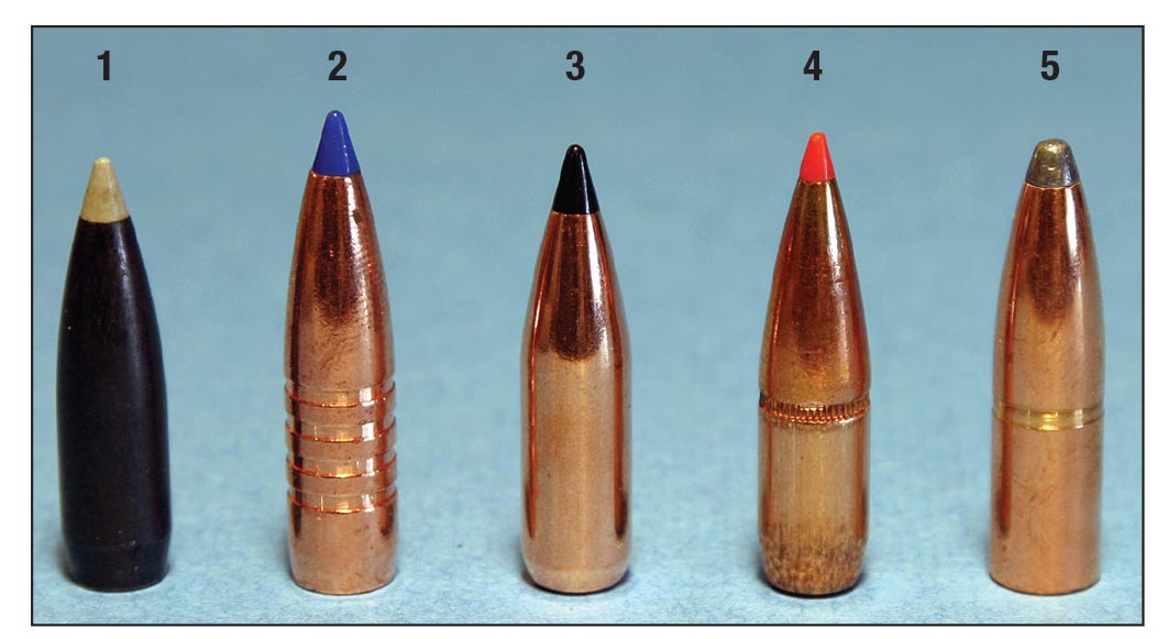 Elmer Keith believed 250-grain bullets were the minimum suitable for big game in .33-caliber cartridges, but today most hunters think 250s are the heaviest that might be required, with lighter bullets suitable for most hunting. These bullets include the (1) Combined Technology 200-grain Ballistic Silvertip, (2) Barnes 210 TTSX, (3) Swift 210 Scirocco II,  (4) Hornady 225 SST, and the (5) Nosler 250-grain Partition.
